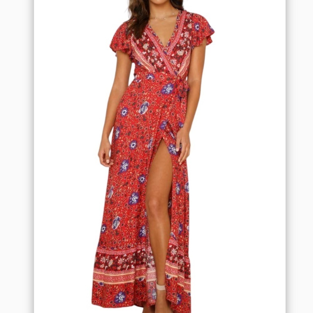HALCYEEN Elegant Fashion TIE DOWN MAXI DRESS RED SZ MEDiUM NWT BoHo